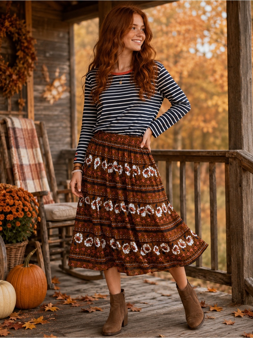 M - Matilda Jane - Rust Floral Tiered Midi dresses with side pockets
